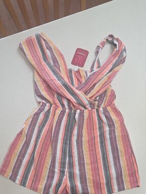 NWT. Striped Sleeveless Romper in Coral, Mustard & Gray. Beach Vacation. Women S